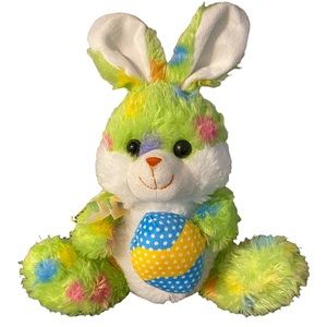 Bright Green Fluffy Plush Easter Bunny Rabbit w/ Egg Stuffed Animal Qingdao 12”